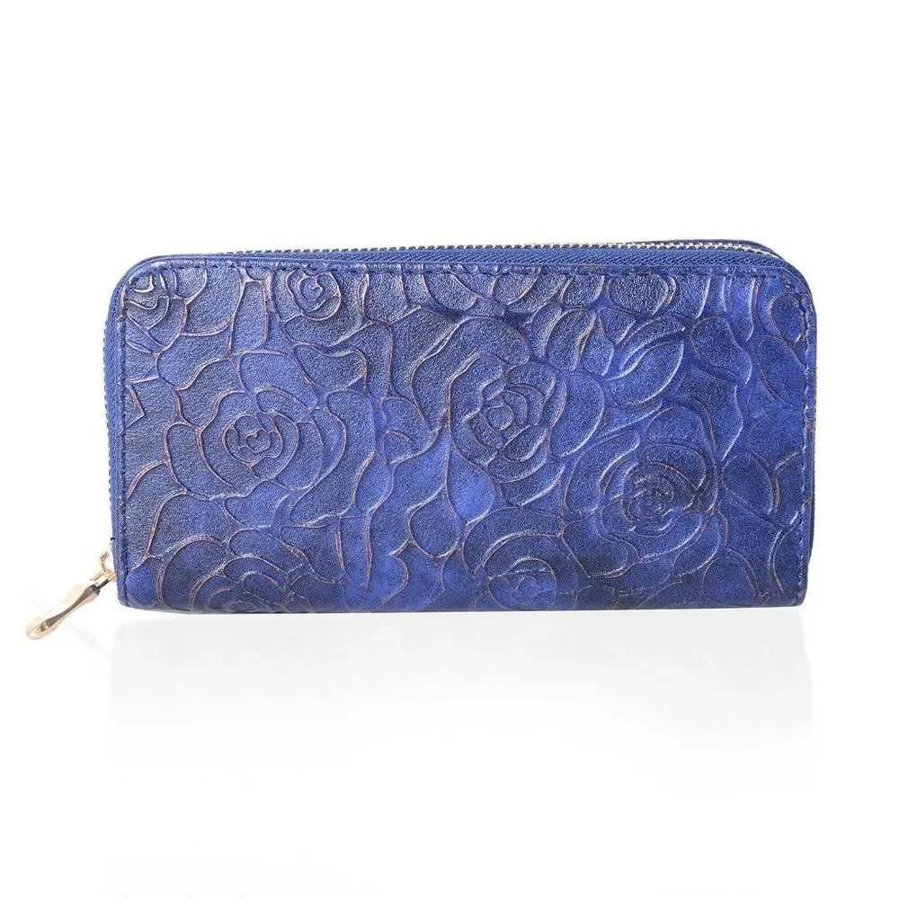Wallet Embossed Rose Pattern Metallic Frame Blue